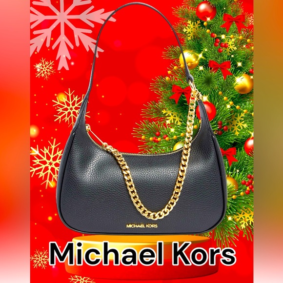 Michael Kors Black PIPER Tote, Shoulder Bag With Chain Accents Pebbled Leather - Picture 4 of 16